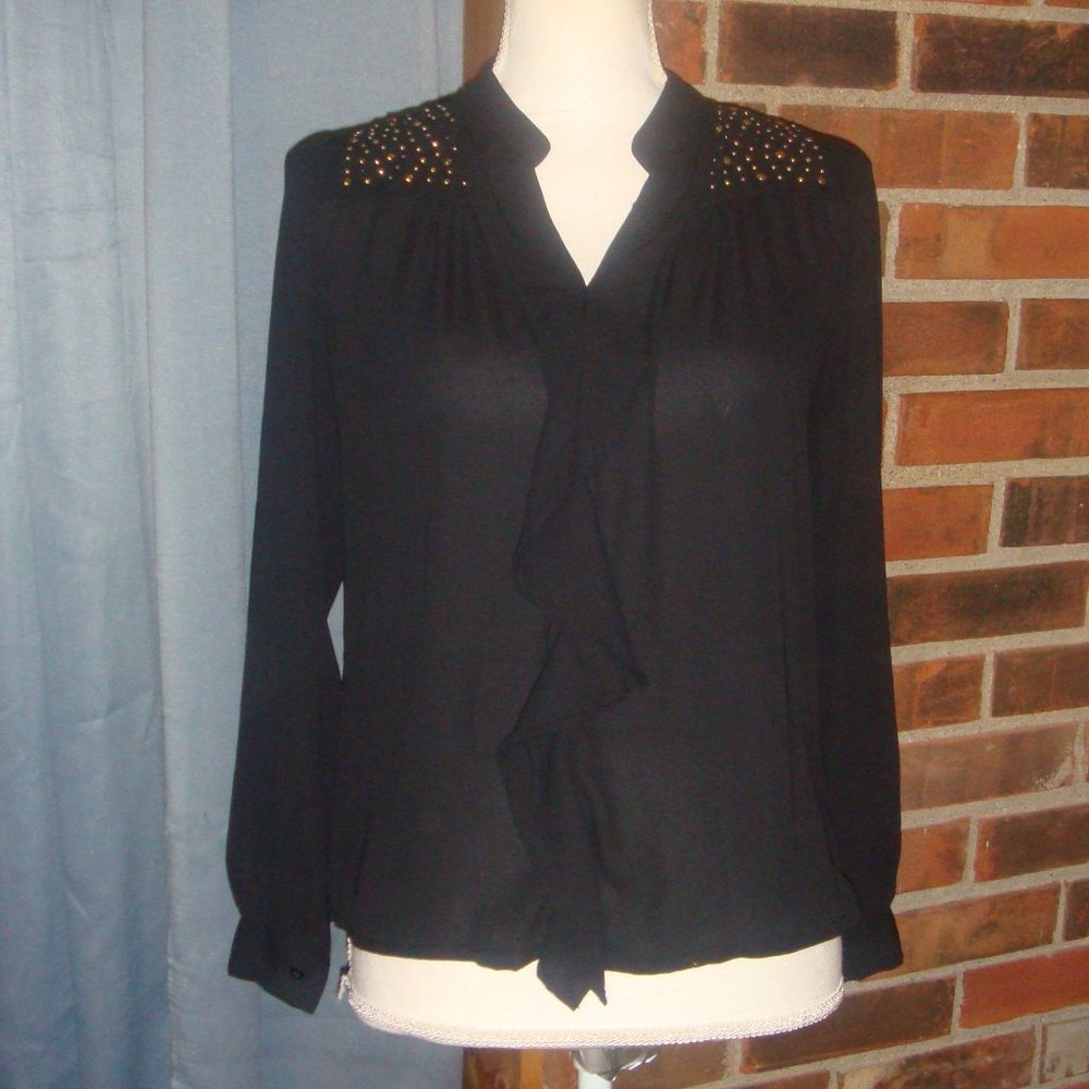 I. ANN Black Sheer Ruffle Front Studded Top S/M
